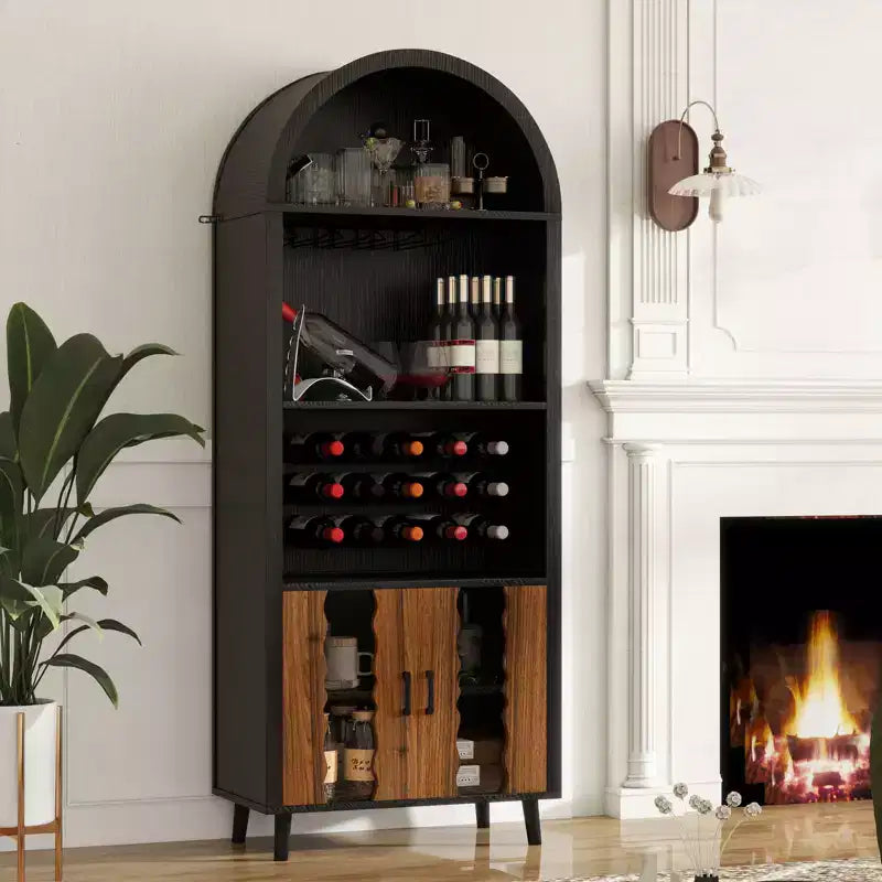 Mobile bar 71, Credenza ad arco stile rustico, Armadietto ad arco e mobile caffè nero, Stand per whisky con portabottiglie e portabicchieri per soggiorno/sala da pranzo
