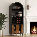 Mobile bar 71, Credenza ad arco stile rustico, Armadietto ad arco e mobile caffè nero, Stand per whisky con portabottiglie e portabicchieri per soggiorno/sala da pranzo