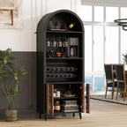 Mobile bar 71, Credenza ad arco stile rustico, Armadietto ad arco e mobile caffè nero, Stand per whisky con portabottiglie e portabicchieri per soggiorno/sala da pranzo