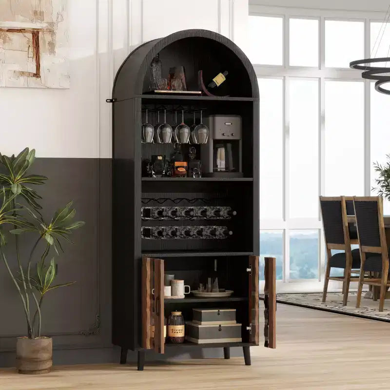 Mobile bar 71, Credenza ad arco stile rustico, Armadietto ad arco e mobile caffè nero, Stand per whisky con portabottiglie e portabicchieri per soggiorno/sala da pranzo