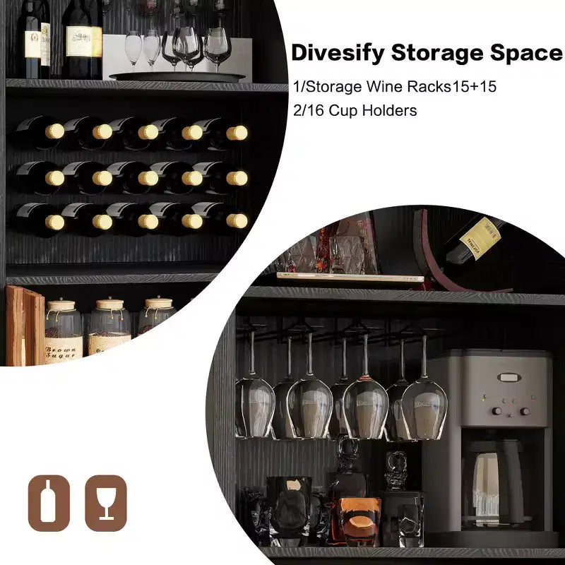 Mobile bar 71, Credenza ad arco stile rustico, Armadietto ad arco e mobile caffè nero, Stand per whisky con portabottiglie e portabicchieri per soggiorno/sala da pranzo