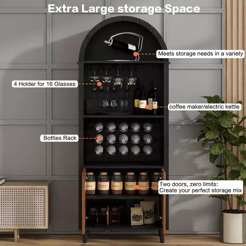 Mobile bar 71, Credenza ad arco stile rustico, Armadietto ad arco e mobile caffè nero, Stand per whisky con portabottiglie e portabicchieri per soggiorno/sala da pranzo