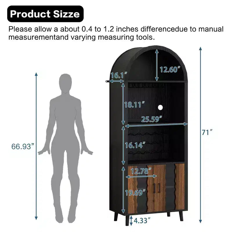 Mobile bar 71, Credenza ad arco stile rustico, Armadietto ad arco e mobile caffè nero, Stand per whisky con portabottiglie e portabicchieri per soggiorno/sala da pranzo