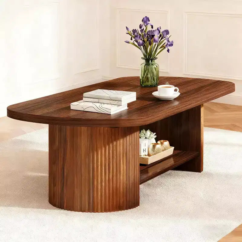 Tavolino da caffè ovale da 45,27 pollici, tavolino centrale a 2 ripiani in stile Mid-Century con ripiano portaoggetti e doppia base in legno per soggiorno, camera da letto, marrone rustico