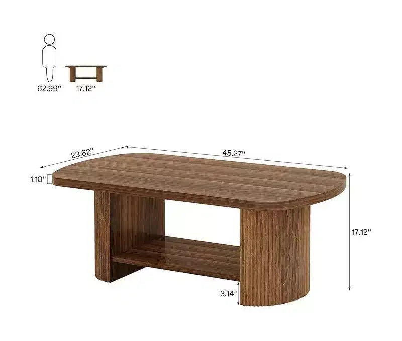 Tavolino da caffè ovale da 45,27 pollici, tavolino centrale a 2 ripiani in stile Mid-Century con ripiano portaoggetti e doppia base in legno per soggiorno, camera da letto, marrone rustico