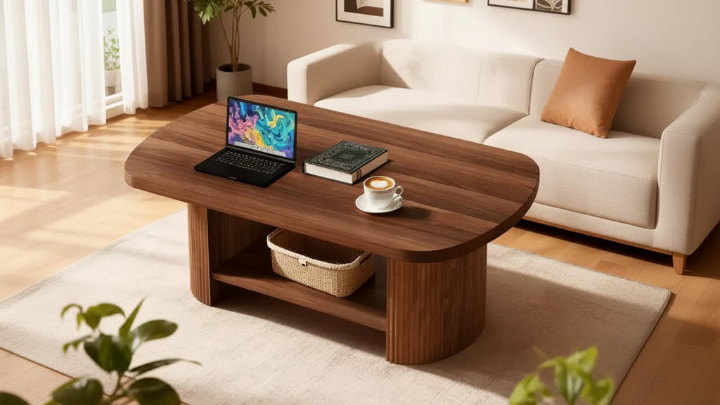 Tavolino da caffè ovale da 45,27 pollici, tavolino centrale a 2 ripiani in stile Mid-Century con ripiano portaoggetti e doppia base in legno per soggiorno, camera da letto, marrone rustico