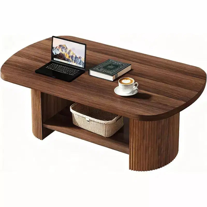 Tavolino da caffè ovale da 45,27 pollici, tavolino centrale a 2 ripiani in stile Mid-Century con ripiano portaoggetti e doppia base in legno per soggiorno, camera da letto, marrone rustico