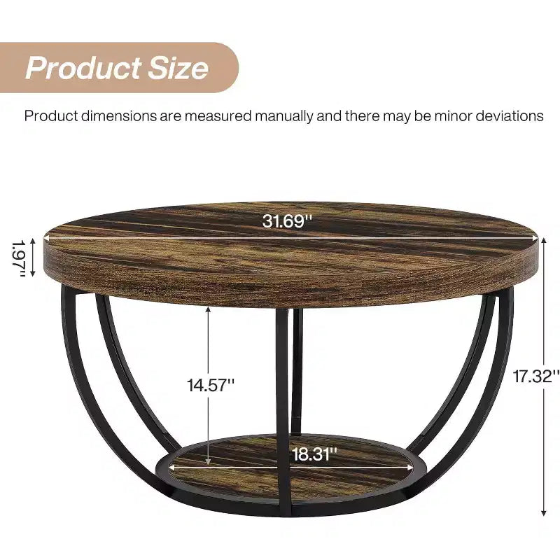 32-Inch Round Coffee Table, Farmhouse 2-Tier Wood Center Table with Storage Open Shelves for Living Room, Rustic Brown