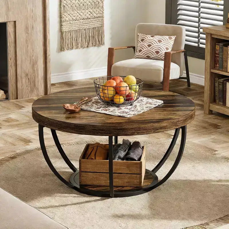 32-Inch Round Coffee Table, Farmhouse 2-Tier Wood Center Table with Storage Open Shelves for Living Room, Rustic Brown