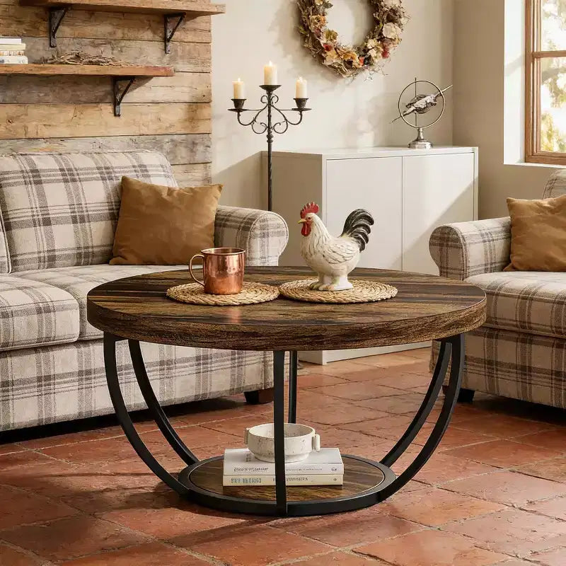 32-Inch Round Coffee Table, Farmhouse 2-Tier Wood Center Table with Storage Open Shelves for Living Room, Rustic Brown