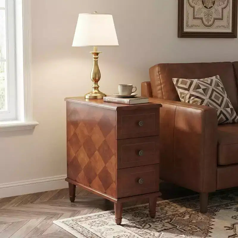 Comodino in Legno Completamente Assemblato, Tavolino Laterale Stretto a 3 Cassetti per Camera da Letto