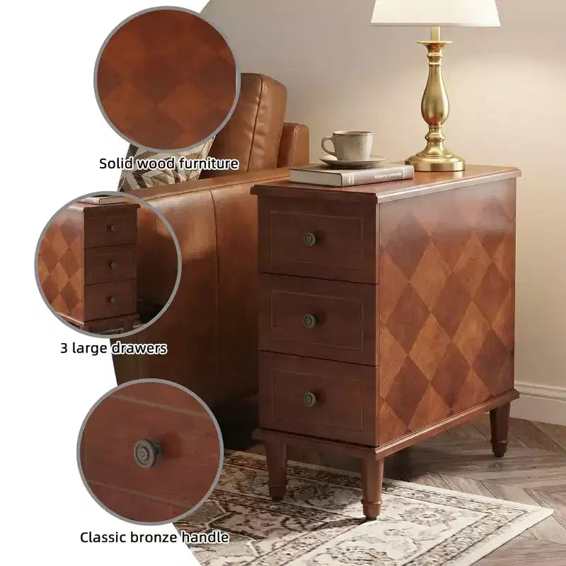 Comodino in Legno Completamente Assemblato, Tavolino Laterale Stretto a 3 Cassetti per Camera da Letto