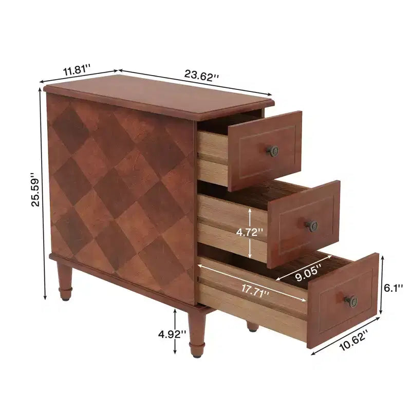 Comodino in Legno Completamente Assemblato, Tavolino Laterale Stretto a 3 Cassetti per Camera da Letto