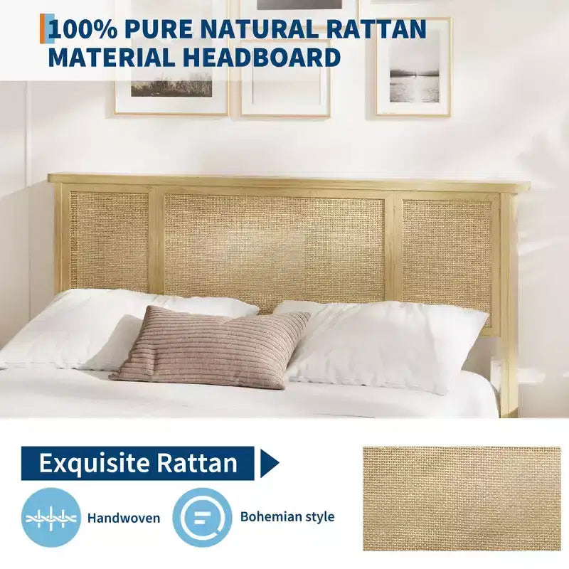 Struttura letto matrimoniale con testiera in rattan, robusta piattaforma in metallo e doghe in legno, non necessita di rete a molle