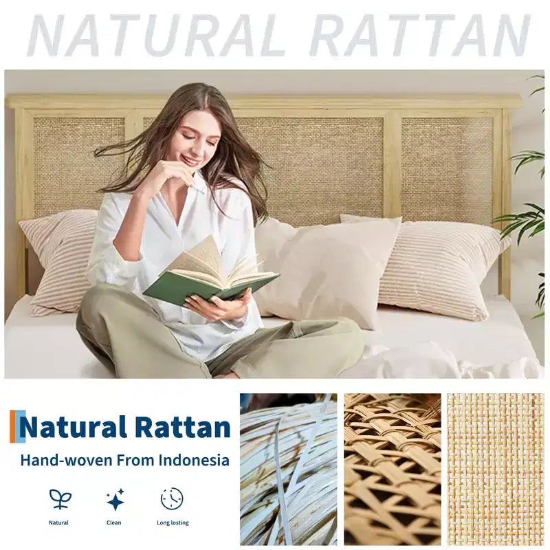 Struttura letto matrimoniale con testiera in rattan, robusta piattaforma in metallo e doghe in legno, non necessita di rete a molle
