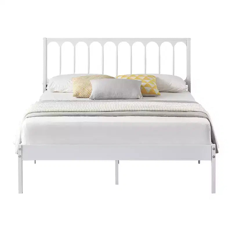 Struttura letto a piattaforma queen size con testiera, struttura in metallo resistente, 32 cm di spazio sotto il letto, robuste doghe, silenzioso, non è necessario il box spring, bianco