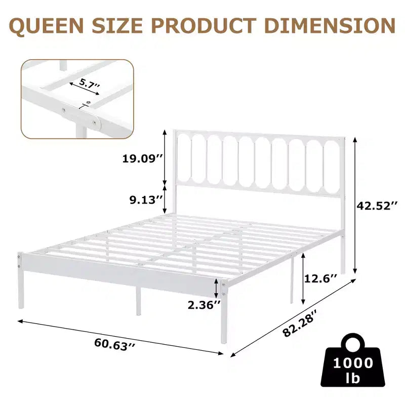 Struttura letto a piattaforma queen size con testiera, struttura in metallo resistente, 32 cm di spazio sotto il letto, robuste doghe, silenzioso, non è necessario il box spring, bianco