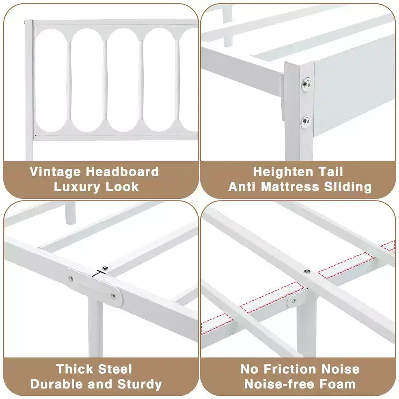 Struttura letto a piattaforma queen size con testiera, struttura in metallo resistente, 32 cm di spazio sotto il letto, robuste doghe, silenzioso, non è necessario il box spring, bianco