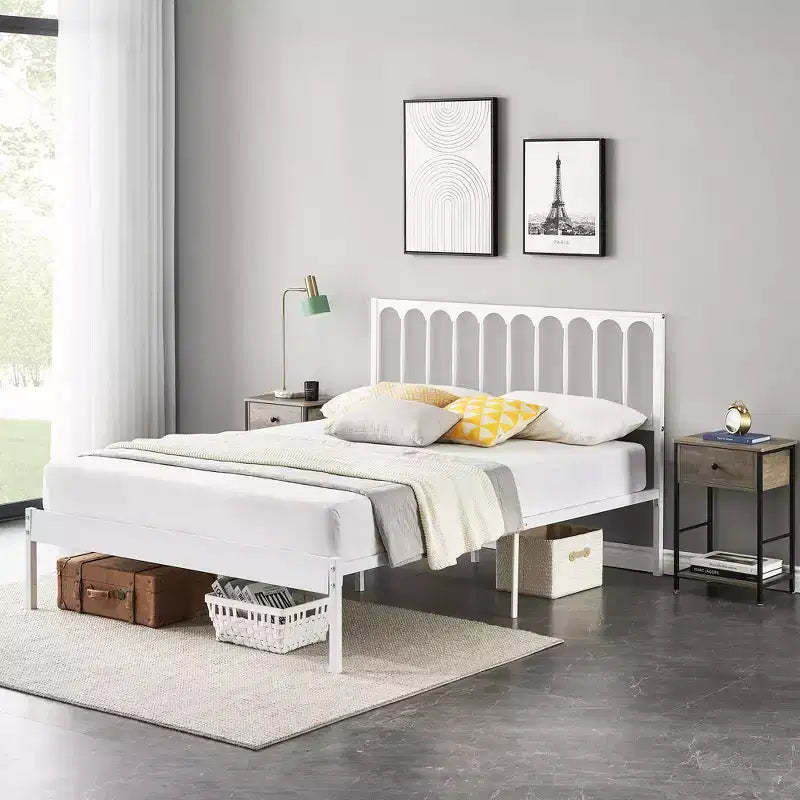 Struttura letto a piattaforma queen size con testiera, struttura in metallo resistente, 32 cm di spazio sotto il letto, robuste doghe, silenzioso, non è necessario il box spring, bianco