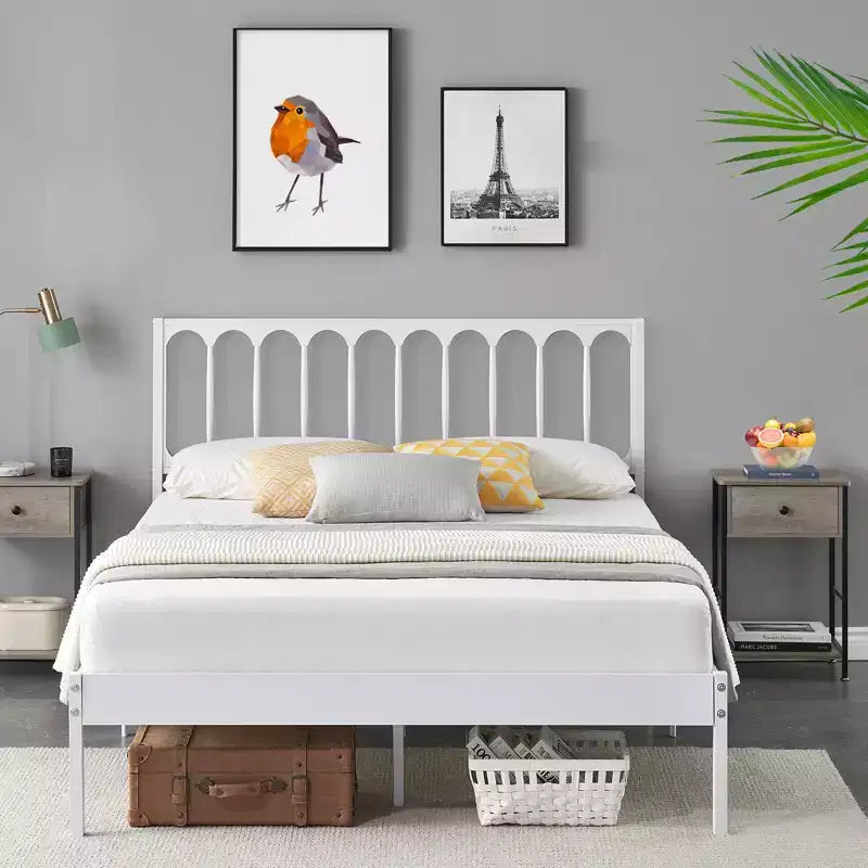 Struttura letto a piattaforma queen size con testiera, struttura in metallo resistente, 32 cm di spazio sotto il letto, robuste doghe, silenzioso, non è necessario il box spring, bianco