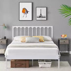 Struttura letto a piattaforma queen size con testiera, struttura in metallo resistente, 32 cm di spazio sotto il letto, robuste doghe, silenzioso, non è necessario il box spring, bianco
