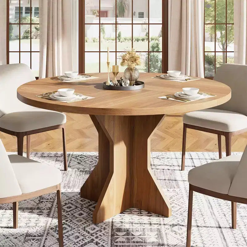 Tavolo da Pranzo Rotondo per 4-6 Persone - Tavolo da Cucina da 47 Pollici con Robusta Base a Pedestallo, Mobili da Sala da Pranzo per Piccoli Spazi in Soggiorno