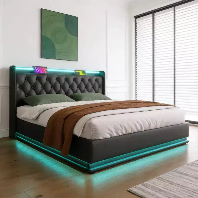 Letto imbottito king size con contenitore idraulico, luci RGB, porte USB e Type-C