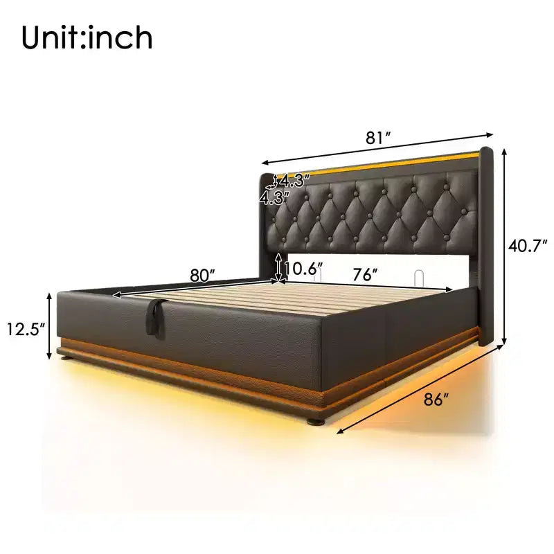 Letto imbottito king size con contenitore idraulico, luci RGB, porte USB e Type-C