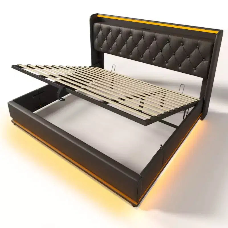 Letto imbottito king size con contenitore idraulico, luci RGB, porte USB e Type-C