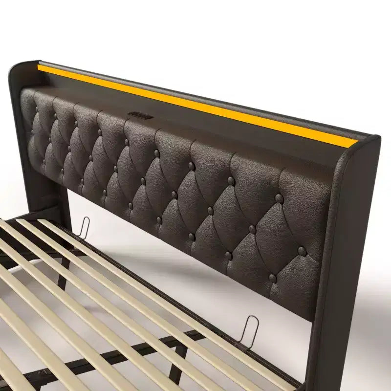 Letto imbottito king size con contenitore idraulico, luci RGB, porte USB e Type-C