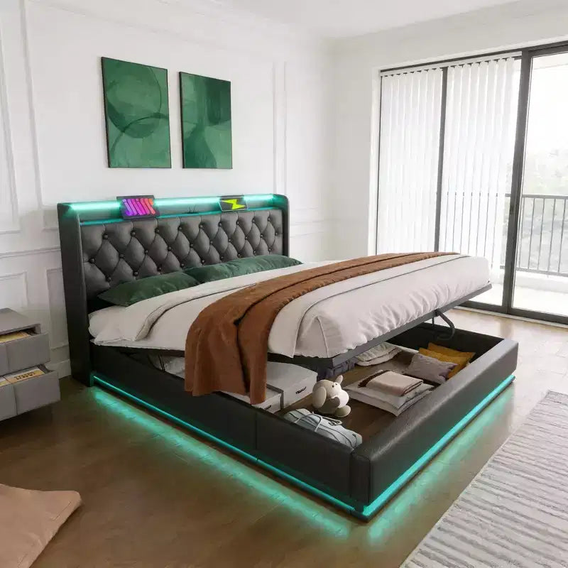 Luxystar King Size Upholstered Bed With Hydraulic Storage, RGB Lights, USB and Type-C Ports