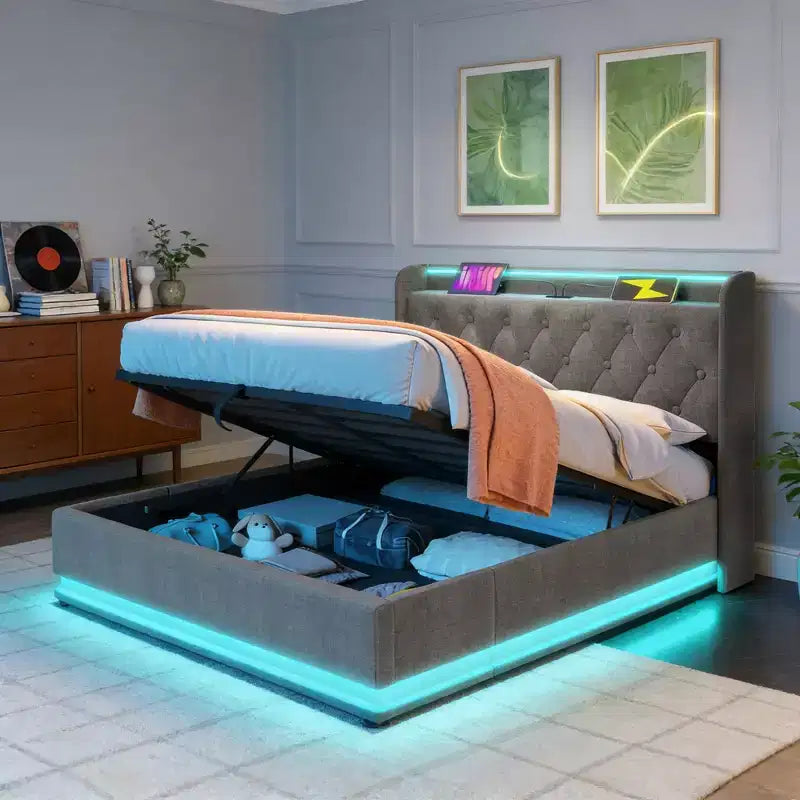 Letto imbottito king size con contenitore idraulico, luci RGB, porte USB e Type-C