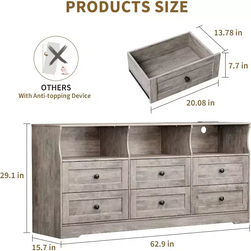 Cassettiera a 6 cassetti da 160 cm con luci RGB e presa di corrente, Comò in legno con ripiani aperti, per Soggiorno, Camera da letto, Ingresso