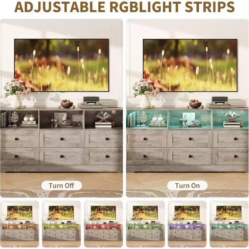 Cassettiera a 6 cassetti da 160 cm con luci RGB e presa di corrente, Comò in legno con ripiani aperti, per Soggiorno, Camera da letto, Ingresso
