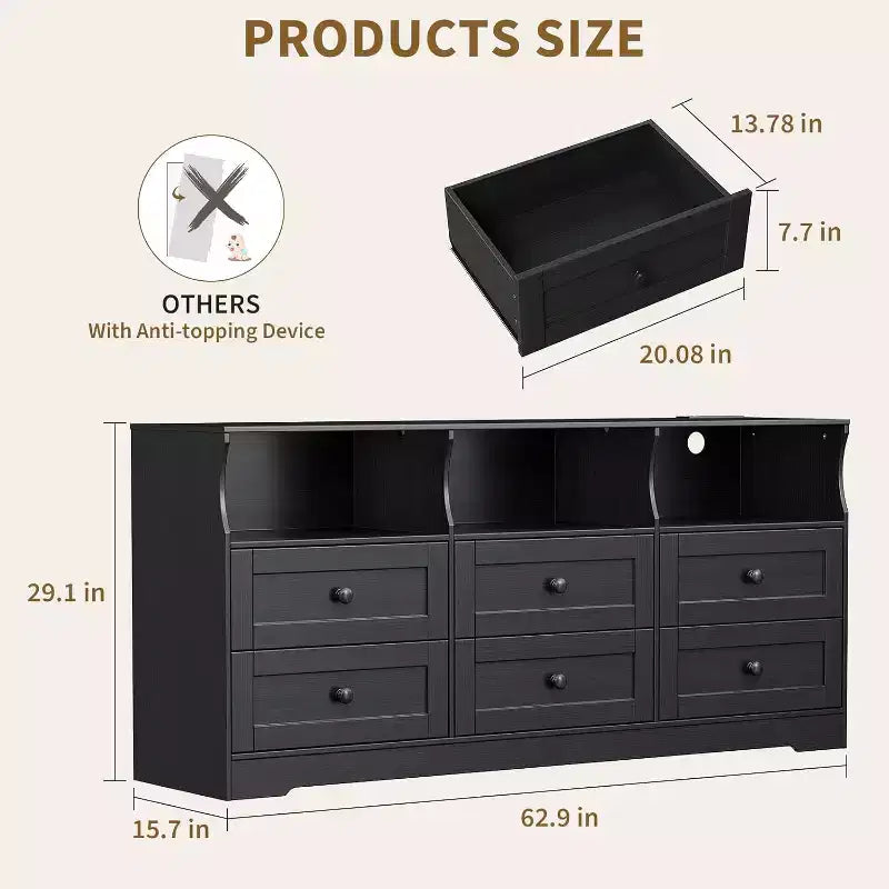 Cassettiera a 6 cassetti da 160 cm con luci RGB e presa di corrente, Comò in legno con ripiani aperti, per Soggiorno, Camera da letto, Ingresso