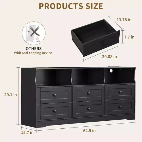 Cassettiera a 6 cassetti da 160 cm con luci RGB e presa di corrente, Comò in legno con ripiani aperti, per Soggiorno, Camera da letto, Ingresso