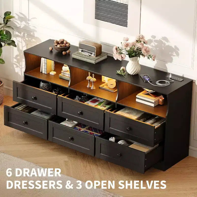 Cassettiera a 6 cassetti da 160 cm con luci RGB e presa di corrente, Comò in legno con ripiani aperti, per Soggiorno, Camera da letto, Ingresso