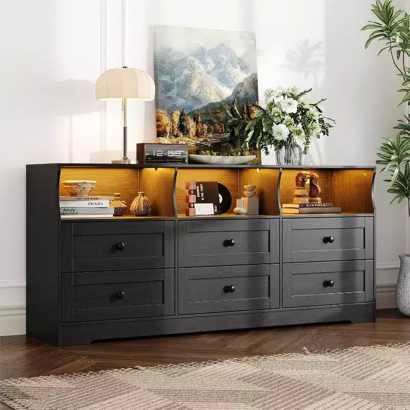 Cassettiera a 6 cassetti da 160 cm con luci RGB e presa di corrente, Comò in legno con ripiani aperti, per Soggiorno, Camera da letto, Ingresso