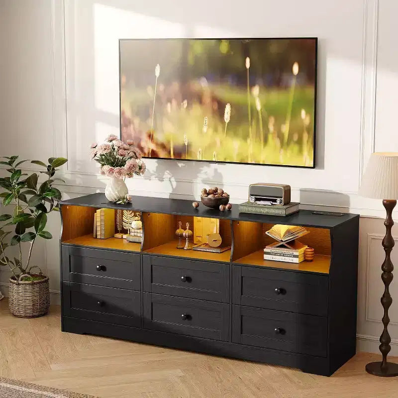 Cassettiera a 6 cassetti da 160 cm con luci RGB e presa di corrente, Comò in legno con ripiani aperti, per Soggiorno, Camera da letto, Ingresso