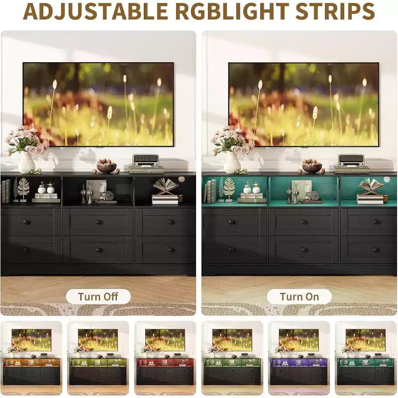 Cassettiera a 6 cassetti da 160 cm con luci RGB e presa di corrente, Comò in legno con ripiani aperti, per Soggiorno, Camera da letto, Ingresso
