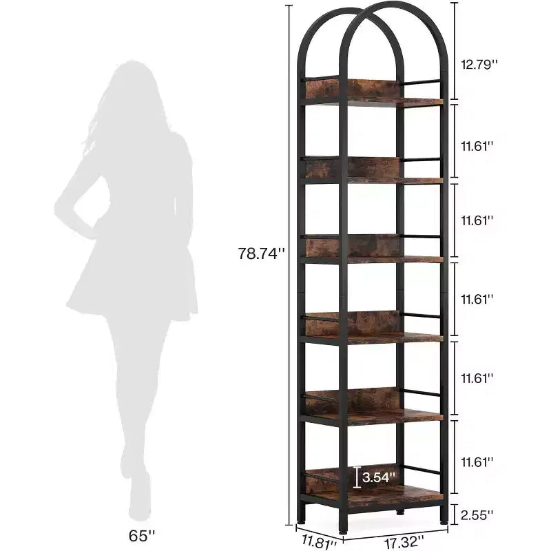 Libreria Alta 200 cm, Scaffale Stretto a 6 Ripiani con Telaio in Metallo, Scaffale Industriale Stretto per Soggiorno, Studio, Camera da Leto, Marrone Rustico