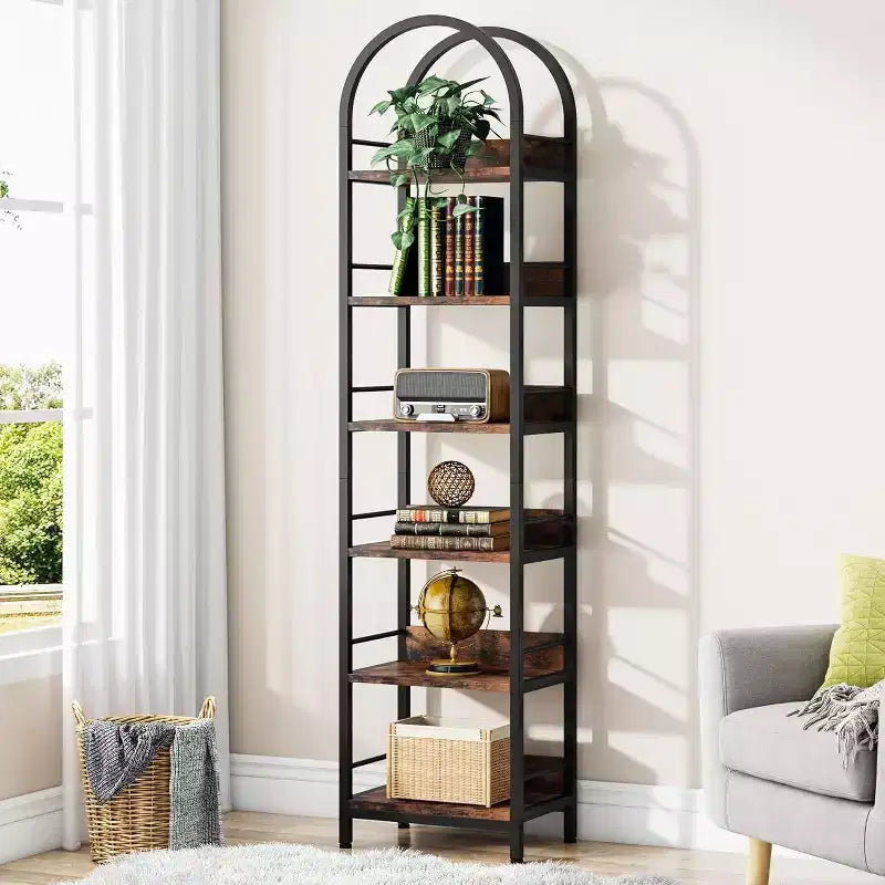 Libreria Alta 200 cm, Scaffale Stretto a 6 Ripiani con Telaio in Metallo, Scaffale Industriale Stretto per Soggiorno, Studio, Camera da Leto, Marrone Rustico