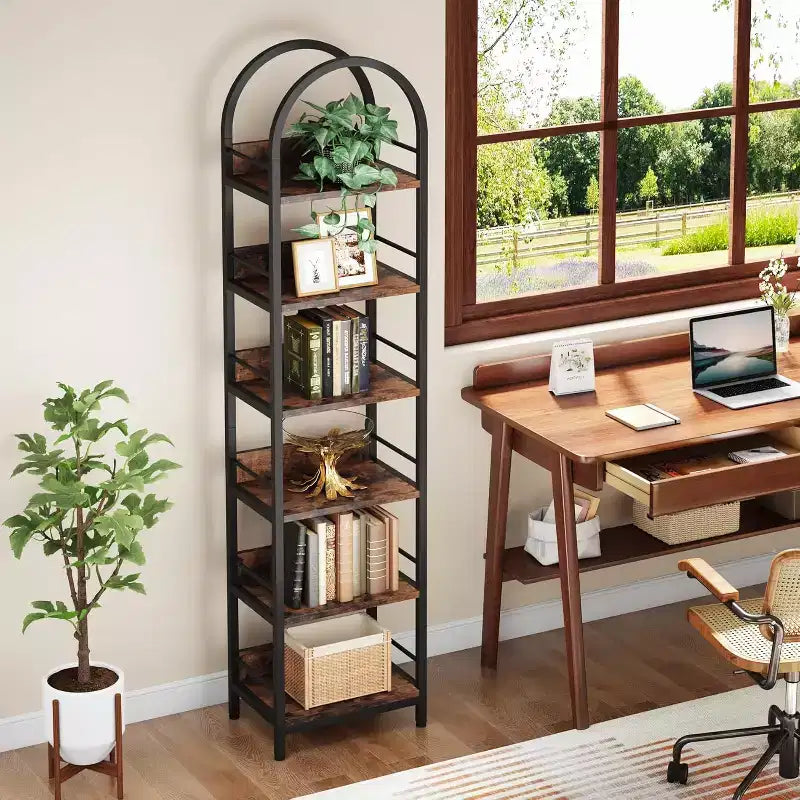 Libreria Alta 200 cm, Scaffale Stretto a 6 Ripiani con Telaio in Metallo, Scaffale Industriale Stretto per Soggiorno, Studio, Camera da Leto, Marrone Rustico