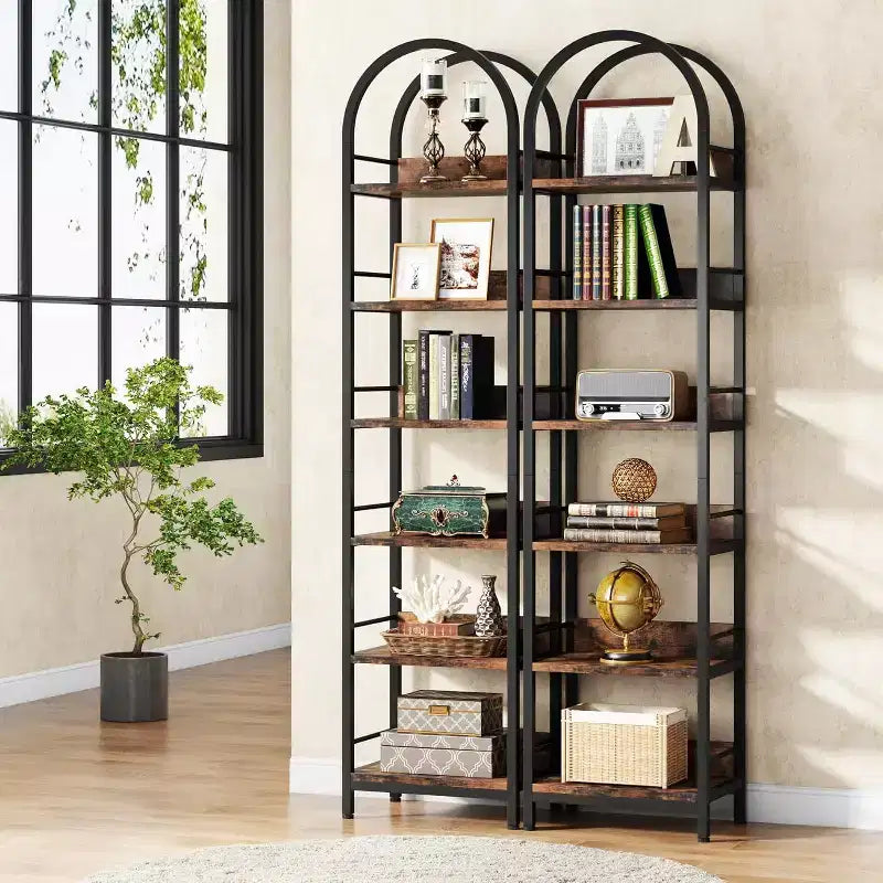 Libreria Alta 200 cm, Scaffale Stretto a 6 Ripiani con Telaio in Metallo, Scaffale Industriale Stretto per Soggiorno, Studio, Camera da Leto, Marrone Rustico