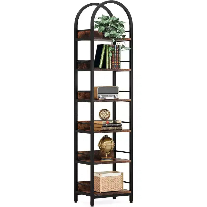 Libreria Alta 200 cm, Scaffale Stretto a 6 Ripiani con Telaio in Metallo, Scaffale Industriale Stretto per Soggiorno, Studio, Camera da Leto, Marrone Rustico