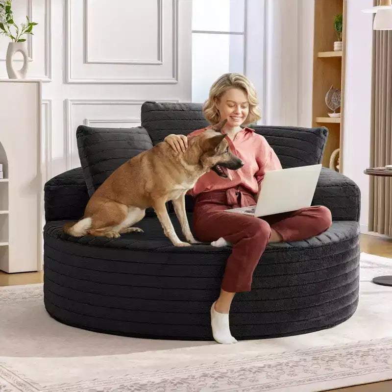 Oversized Round Sofa with Cushioned Backrest, Single Cloud Floor Sofa Chair For Living Room, No Assembly Required, Black