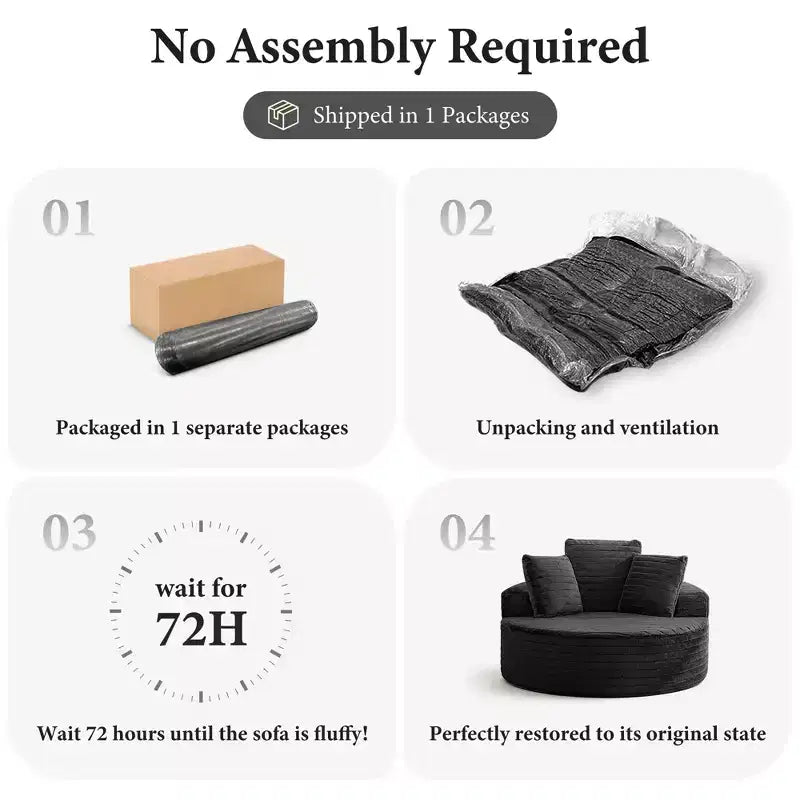 Oversized Round Sofa with Cushioned Backrest, Single Cloud Floor Sofa Chair For Living Room, No Assembly Required, Black