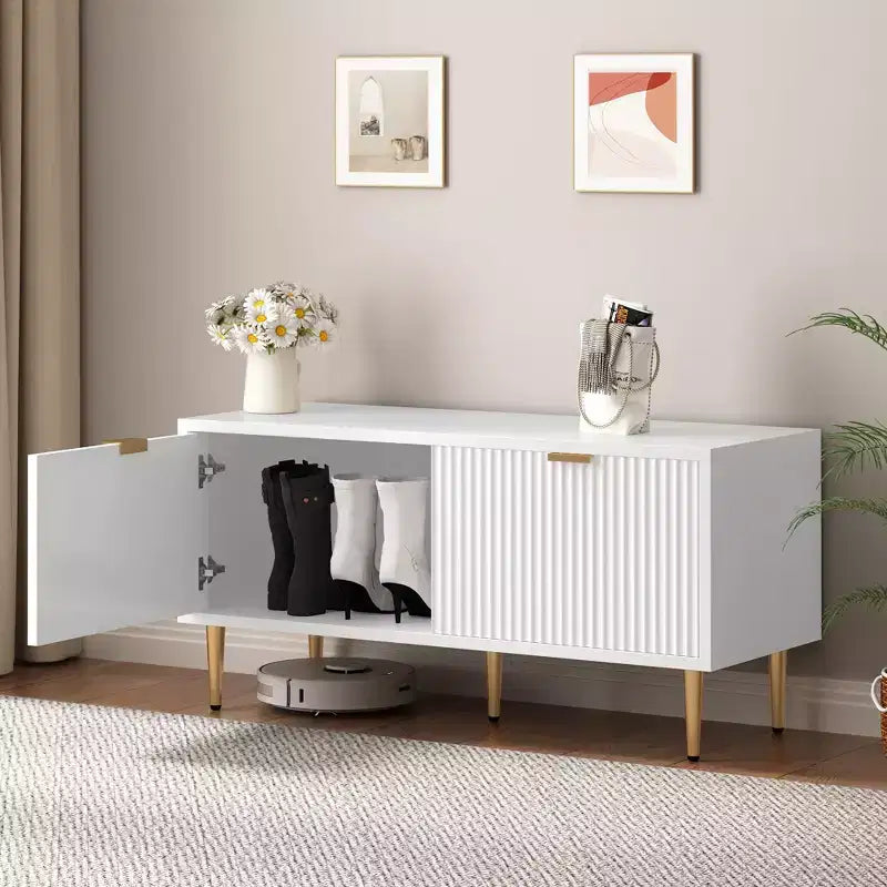 Scarpiera, panca da ingresso, moderna scarpiera a 2 ante scanalata per corridoio, soggiorno, camera da letto