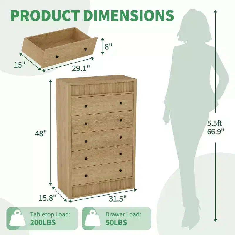 Comò moderno scanalato largo 5 cassetti, mobile contenitore in legno per camera da letto, cameretta, corridoio, soggiorno, rovere naturale 5 vani