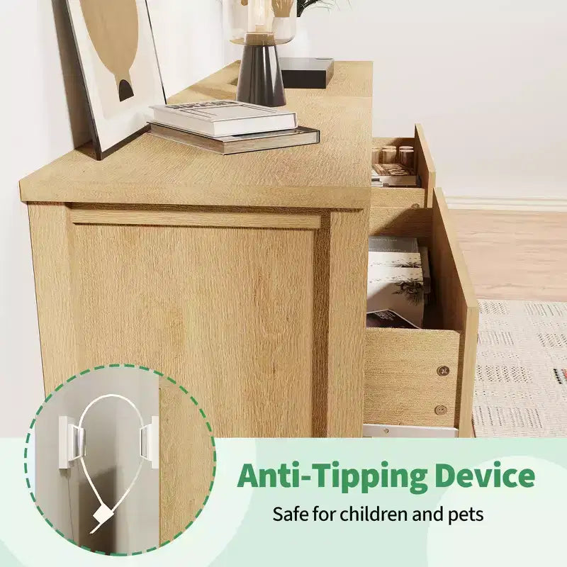 Comò moderno scanalato largo 5 cassetti, mobile contenitore in legno per camera da letto, cameretta, corridoio, soggiorno, rovere naturale 5 vani